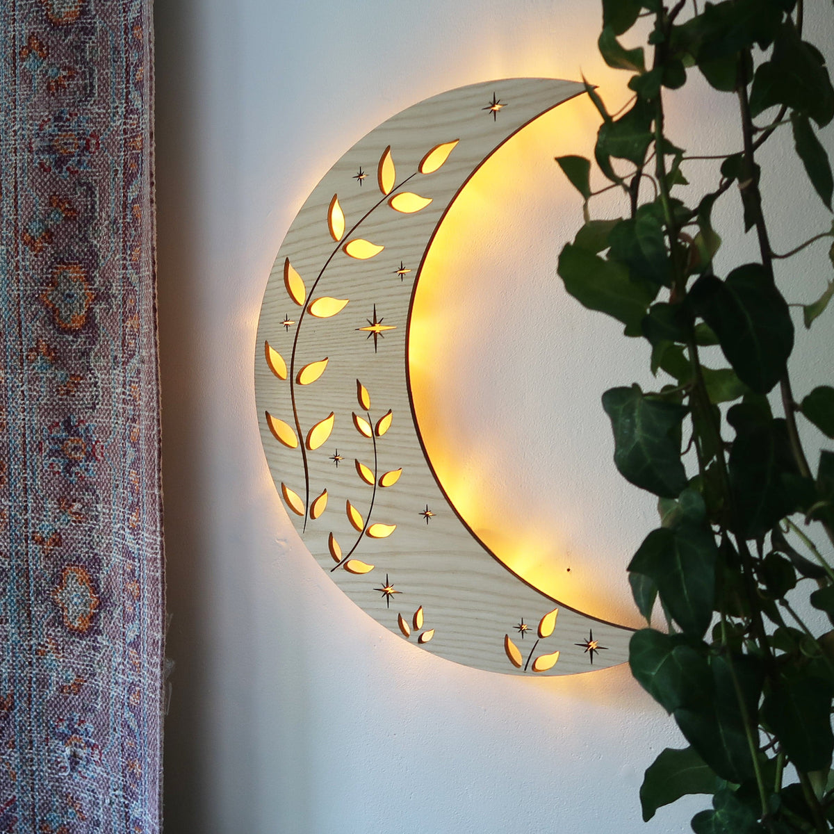 Botanical Crescent Moon Wooden Wall Lamp Coppermoon